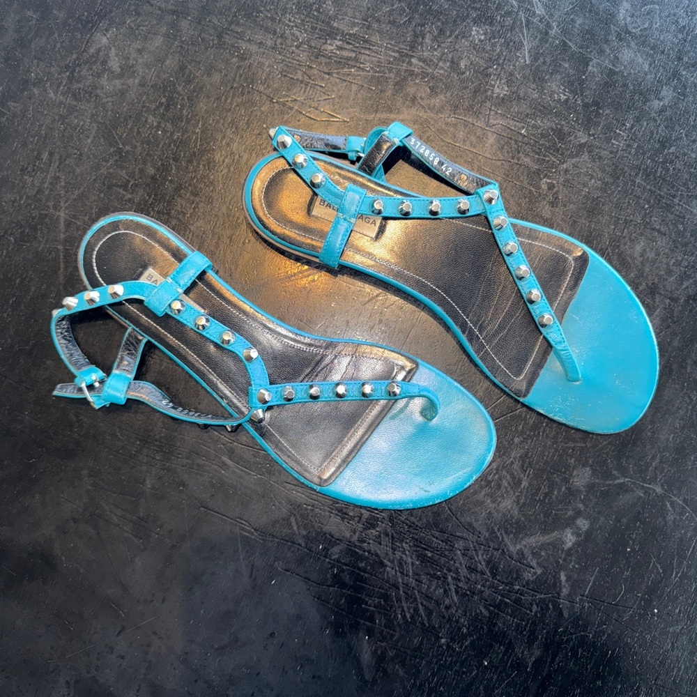 BALENCIAGA Arena Giant turquoise studded T strap sandals.